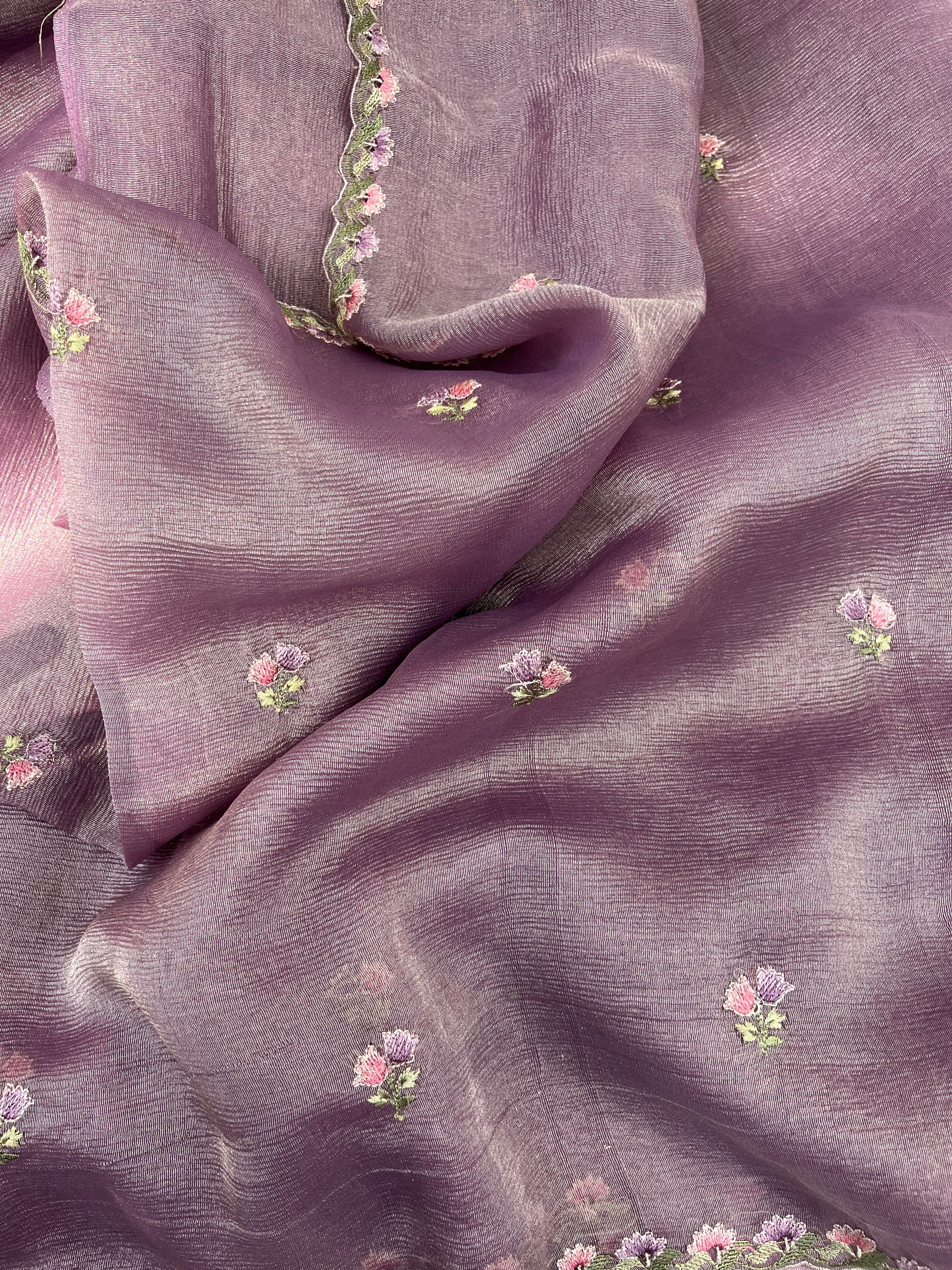 Purple Floral Crushed Tissue Organza Saree